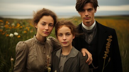 A cinematic dramatic group portrait in 19th century style in a field