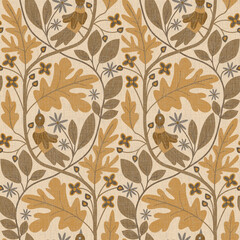 Seamless pattern, ornament with celandine, woodlice and bird on a beige background. Digital illustration. Suitable for interior, wallpaper, fabrics, clothing, stationery.