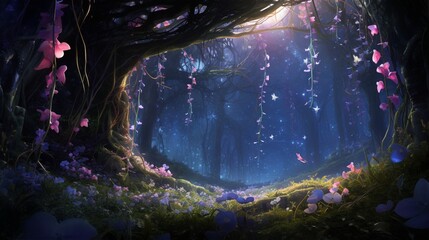 A lush garden filled with Starlight Sweet Pea vines, each petal capturing the essence of a starry night in full ultra HD.