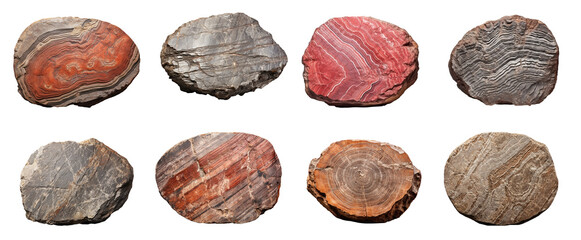 Collection of round natural rock fossil specimens, isolated on a transparent background. (PNG, cutout, or clipping path.)