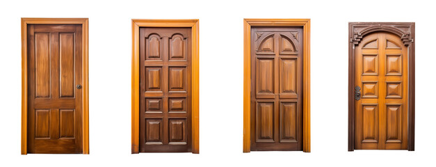 Set of wooden doors isolated on a transparent background. (PNG, cutout, or clipping path.)