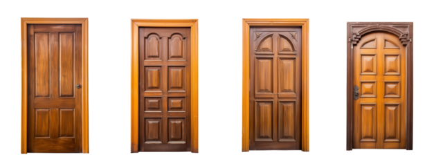 Set of wooden doors isolated on a transparent background. (PNG, cutout, or clipping path.)