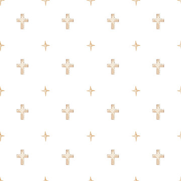 seamless pattern of Orthodox crosses and stars. elegant baby christening pattern for printing on fabric, packaging for Easter cakes, napkins, tablecloths