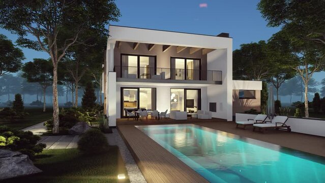 4K video rendering of modern cozy house with pool and garage for sale or rent in luxurious style and beautiful landscaping on background. Summer night with stars in sky.