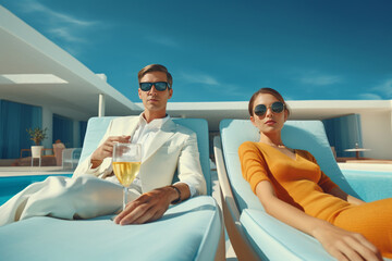 Stylish couple in sunglasses and fashion clothes sitting in deck chairs near the swimming pool in sunny day. Luxury style