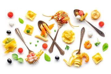 Various pasta forks. Spaghetti, fusilli, penne and other shapes of pasta, with sauce, overhead flat...