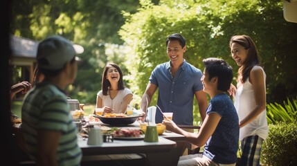 Family and Multiethnic Diverse Friends Gathering Together at a Garden Table.