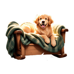 Um Filhote de cachorro deitado numa cama de madeira com uma manta verde aconchegante. Iluminação quente. Isolado sem fundo, com fundo transparente PNG. - obrazy, fototapety, plakaty