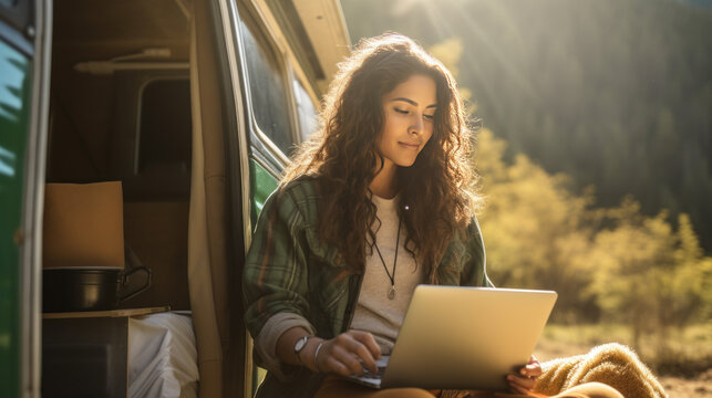 Young hispanic woman digital nomad engaging in remote work outside her vintage camper van generative a