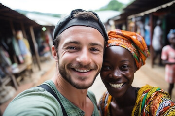 Tourists in an African Country Taking Posed Photos with People from Economically Disadvantaged Nations - obrazy, fototapety, plakaty