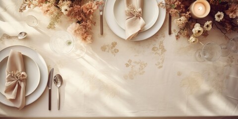Top View of a Thanksgiving Table Setting with Tablecloth and Christmas Decorations