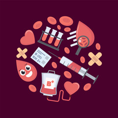 blood donation background. cartoon minimalistic items set, health blood donor day concept, volunteer hospital transfusion laboratory. vector cartoon circle shaped background.