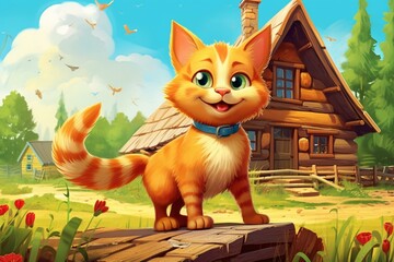 Joyful cat in cheerful farm cartoon - children's illustration. Generative AI