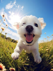 Maltese Dog - Happy Dogs in a Meadow on a Sunny Day - obrazy, fototapety, plakaty