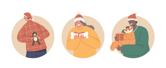 Obraz premium Isolated Round Icons Or Avatars With Characters Bestow Christmas Gifts Upon Their Pets, Wrapping Toys, And Treats