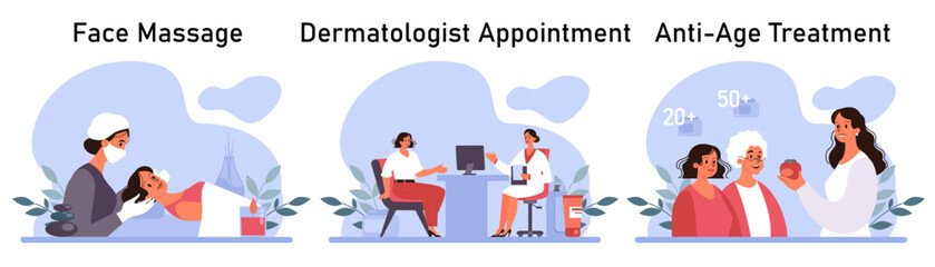 Skincare routine set. Facial skin cosmetic products applying and professional dermatology procedure. Cleansing and moisturizing treatment. Flat vector illustration