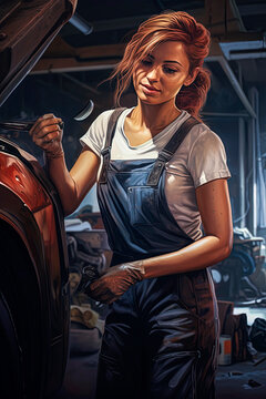 Generative AI illustration of beautiful female mechanic working