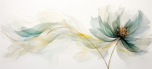 a watercolor green flower is surrounded by cream and gold leaves Generative AI - obrazy, fototapety, plakaty