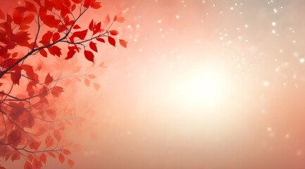 Red leaves, branch, sparkles, light, gradient background, soft, serene, floating particles, dreamy, warm hues, fall ambiance with copy space