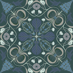 Seamless pattern, ornament with hummingbird, purple foxglove, bindweed and bow on a dark blue background. Winter digital illustration. Suitable for interior, wallpaper, fabrics, clothing, stationery.