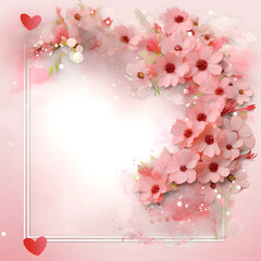  Romantic Valentine day background, elegant frame with pastel pink cherry blossom flowers and little red hearts