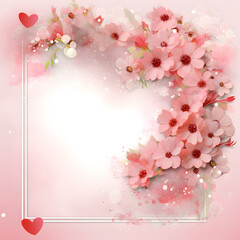 Fototapeta premium Romantic Valentine day background, elegant frame with pastel pink cherry blossom flowers and little red hearts