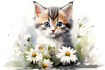 Naklejka na ściany i meble Cute kitten in flowers, watercolor drawing style