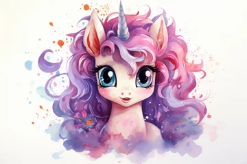 Foto op Plexiglas Fairytale unicorn with big eyes in watercolor style © Michael