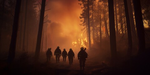 Brave Heroes in Action: Firefighters Navigate a Smoky Forest Fire with Determination and Teamwork