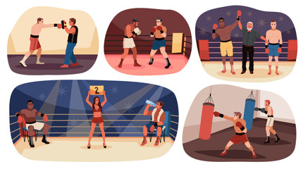 Boxing scenes at ring. Muscular athletes in sparring, training and fighting, professional fighters, referee and ring girl on championship, cartoon flat style isolated tidy vector set
