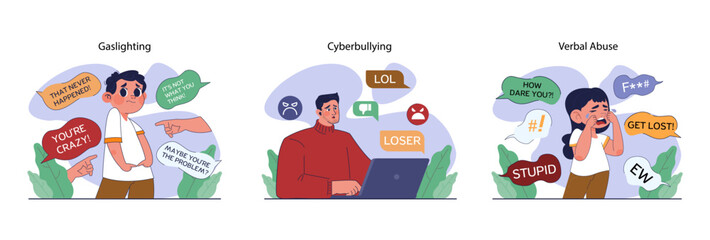 Bullying set. Upset victim being bullied and shamed by others. Harassment and humiliation victim. Social violence problem. School verbal or physical abuse. Flat vector illustration