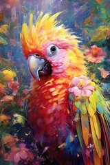 Obraz premium a colorful parrot perched on a blossoming branch, its vibrant feathers contrasting beautifully with the foliage
