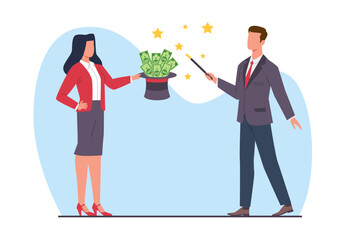 Businessman with magic wand and hat full of money. Perform successful trick. Entrepreneur magically makes income. Quick way to get rich. Cartoon flat style isolated vector concept