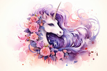 Beautiful fairytale unicorn in watercolor style