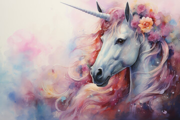 Fairytale unicorn in flowers in watercolor style. Copy space for text