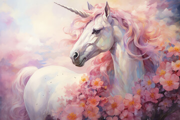 Fairytale unicorn in flowers in watercolor style