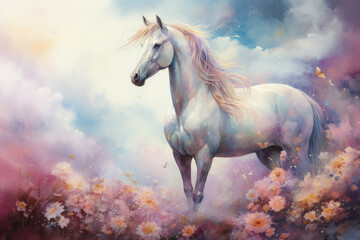Fairytale unicorn in flowers in watercolor style
