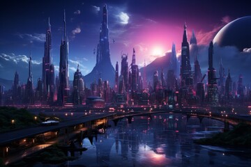 Colorful futuristic Cyberpunk metaverse city background. Concept art, Digital painting. 
