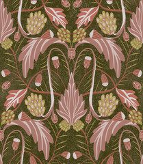 Seamless pattern ornament with blackberries berries and leaves and beetles on a brown background. Winter digital illustration. Suitable for interior, wallpaper, fabrics, clothing, stationery.