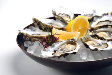 Close up of white plate with opened oysters in ice with lemon and sauce. Seafood isolated on white background