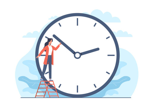 Concept of changing to summer or winter time, woman changes hand of clock. Wintertime and summertime setting. Clock to one hour back or forward. Vector cartoon flat isolated illustration
