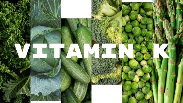 White inscription "VITAMIN K" appearing on a background of photos of most common food where you can find it