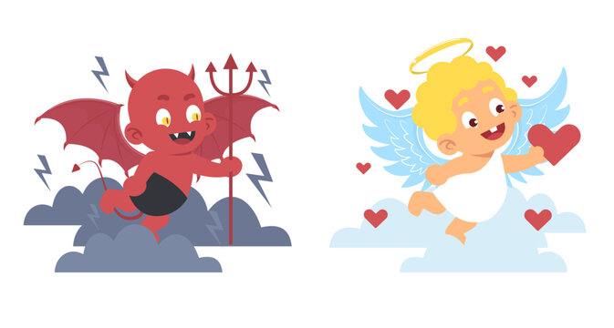 Cute little devil and angel. Heaven and hell adorable characters. Baby in costume, Golden halo, bat wings and tail. Good and bad, saint or evil cartoon flat style isolated vector concept