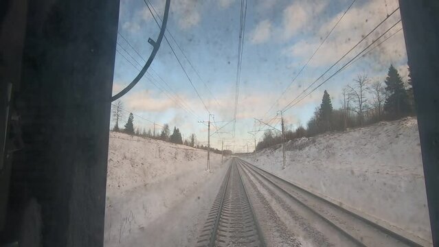 Winter footage through the window last wagon, with self that is lost in the horizon 6 . High quality FullHD footage