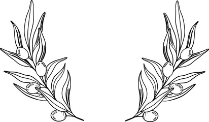 Sketch Wreath of olive branch with berries and leaves. Hand drawn vector line art illustration. Black and white drawing of the symbol of Italy or Greek for cards, design logo, tattoo