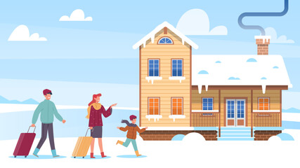 Family came to vacation at winter resort. Happy mom, father and son spend time together outdoors. Home in snow, hotel cottage, country house cartoon flat style isolated vector concept