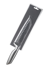 Chef kitchen knife santoku in packing close up isolated on white background