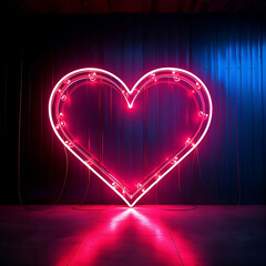 heart on dark background. Giant heart shaped pink glowing neon light
