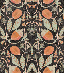 Seamless pattern ornament with apricots, leaves, snowflakes, caps and bells on a dark gray background. Winter digital illustration. Suitable for interior, wallpaper, fabrics, clothing, stationery.