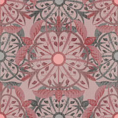 Seamless pattern, ornament with chlorophytum, ficus benjamina in a circle on a beige background. Digital illustration. Suitable for interior, wallpaper, fabrics, clothing, stationery.